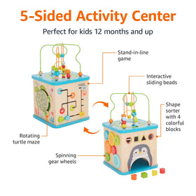 Amazon Basics wooden activity cube stand in line side helps sequencing and hand-eye coordination.