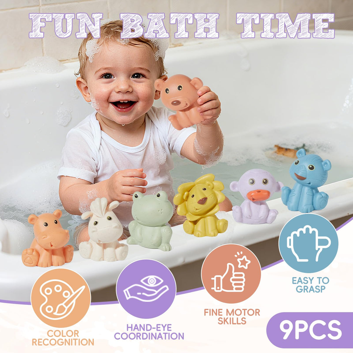 AMCHSURI frog bath toy bobs in water, supports water familiarization and hand-eye coordination.