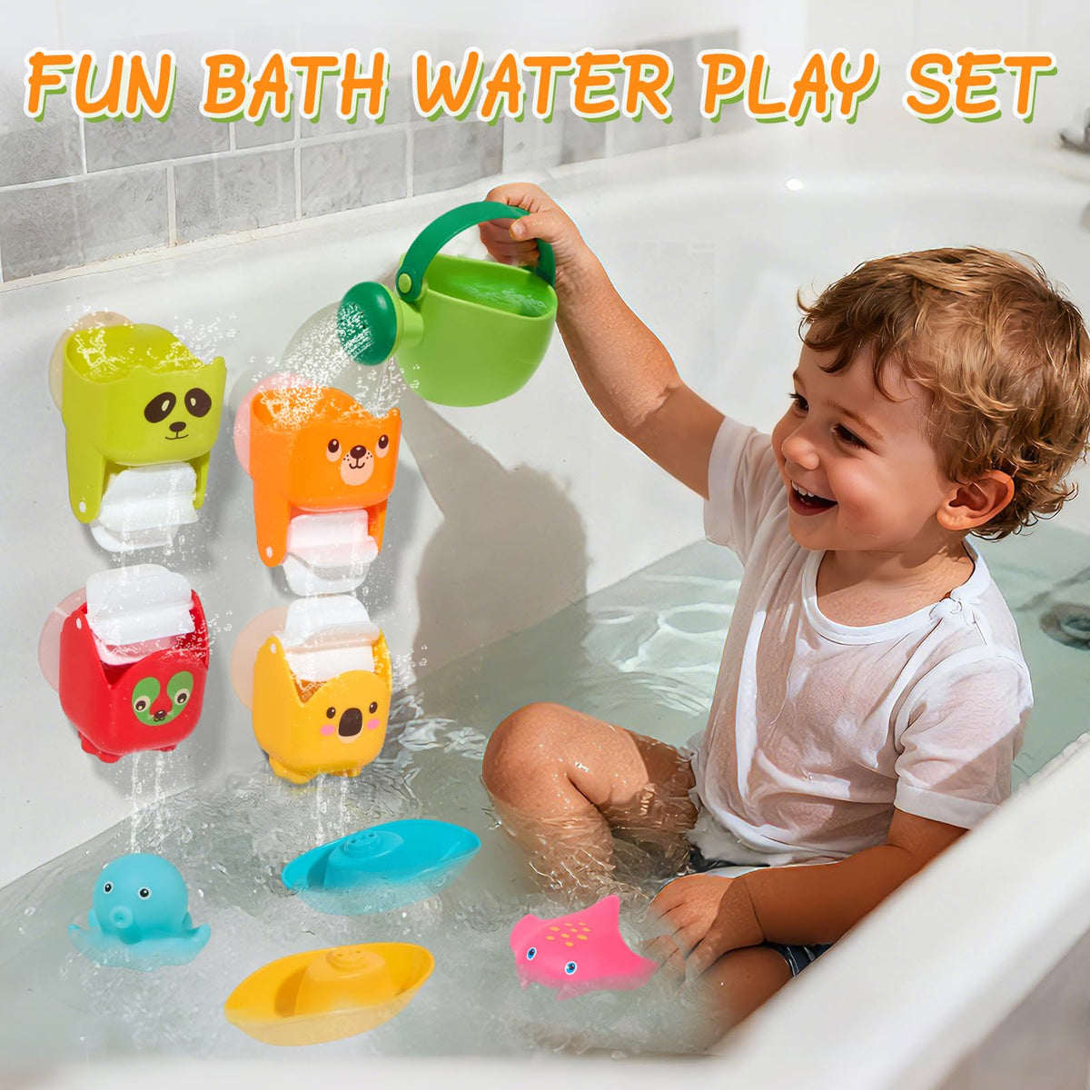 AMCHSURI watering can close-up for easy, mess-free pouring during bath play.