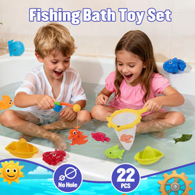 AMCHSURI fishing poles with bath toys support cooperative play and sharing.