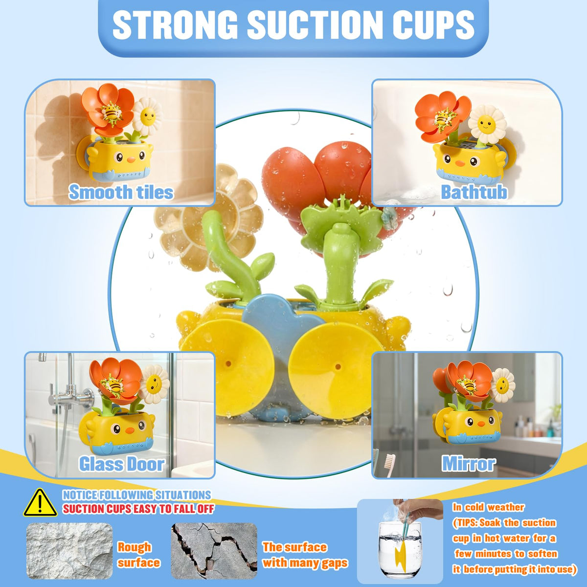 AMCHSURI suction-cups keep toys secure on tub walls during play