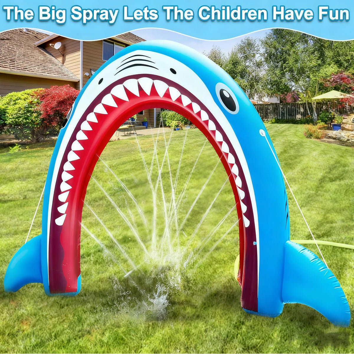 AMENON backyard party scene with inflatable shark arch for family fun