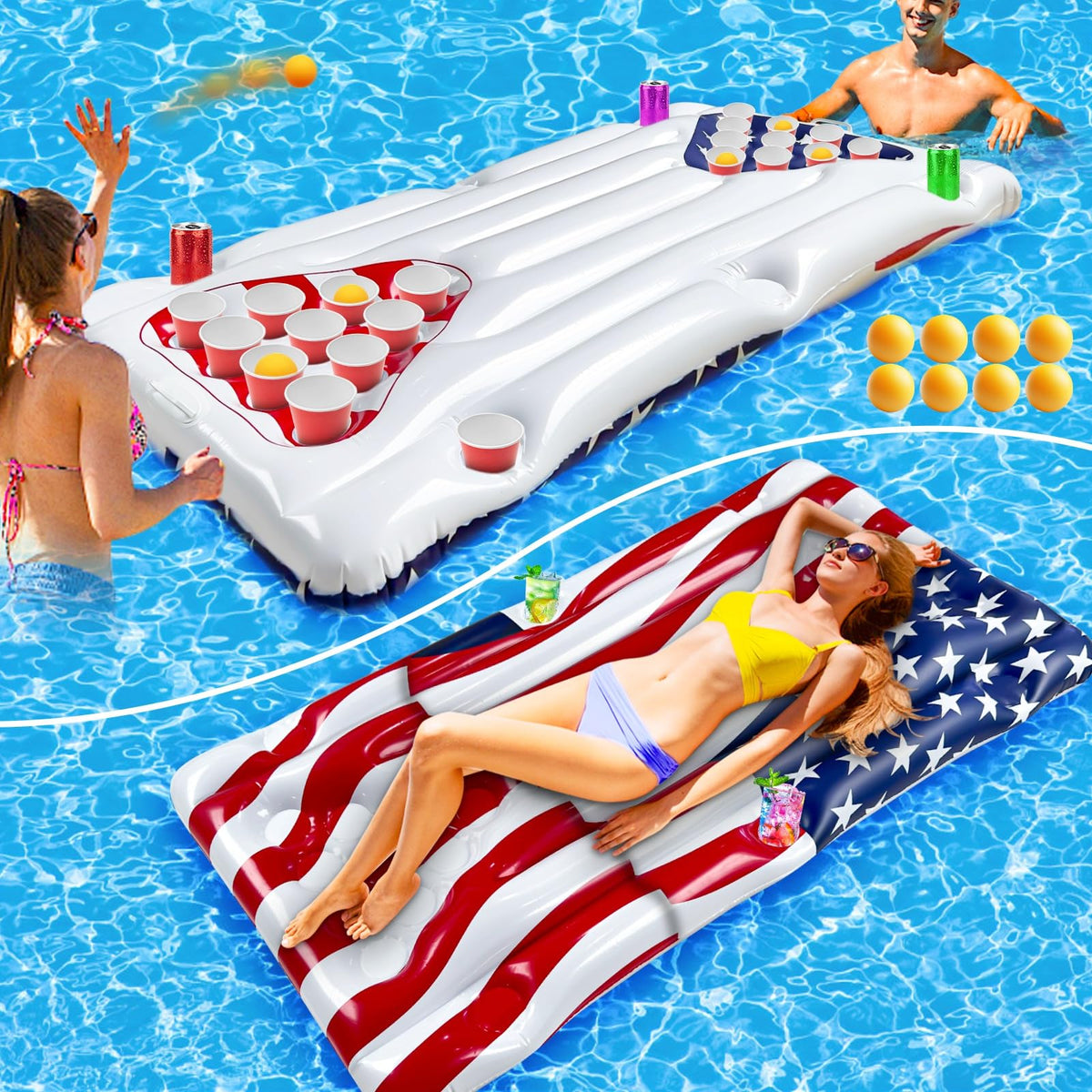 AMENON 2-in-1 American flag pool float pong table for festive pool games