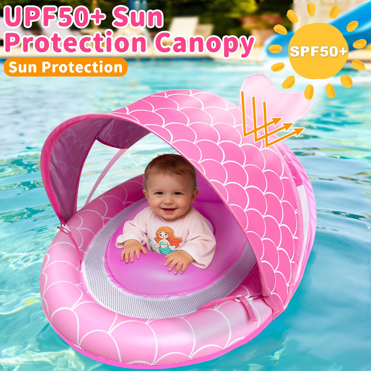 AMENON adjustable canopy on the baby float offering multiple shade options.