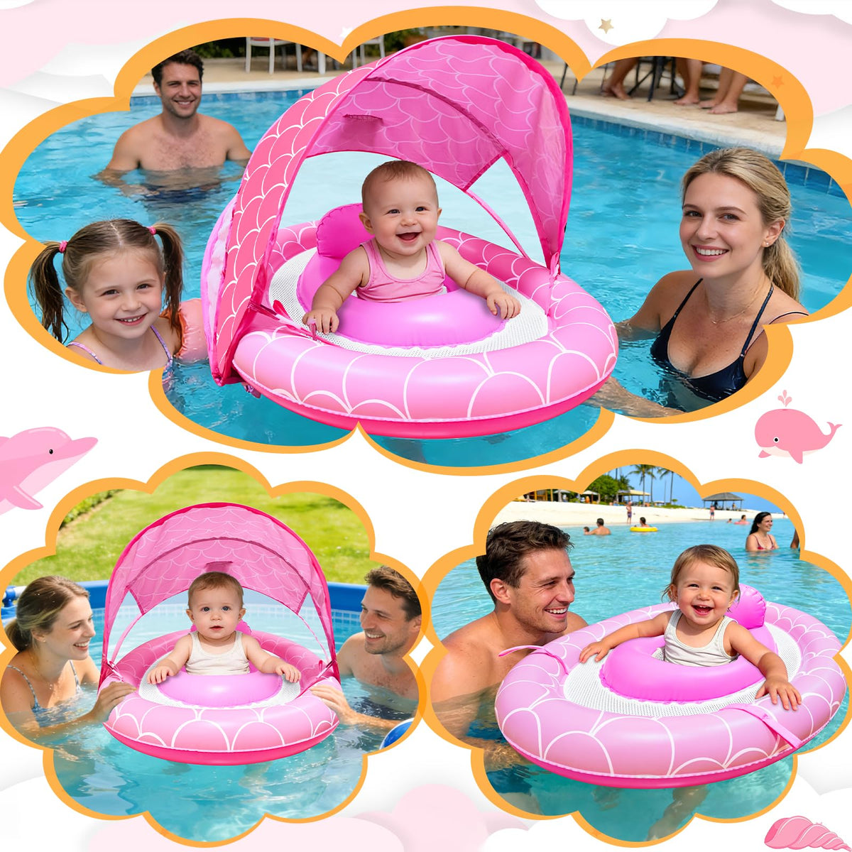AMENON anti-slip safety seat helps keep baby secure while swimming.