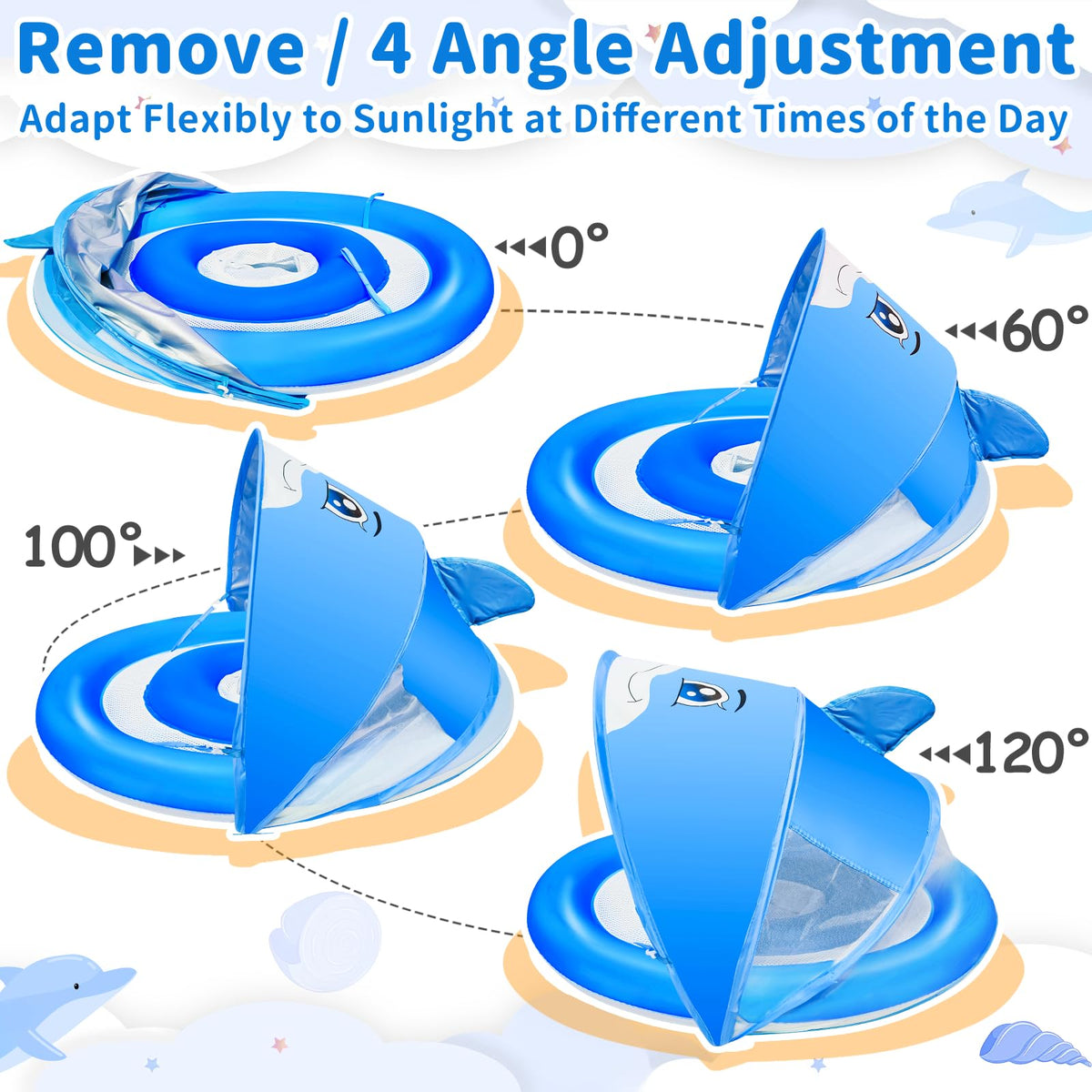 AMENON baby pool float with UPF50+ canopy for sun protection and shade control