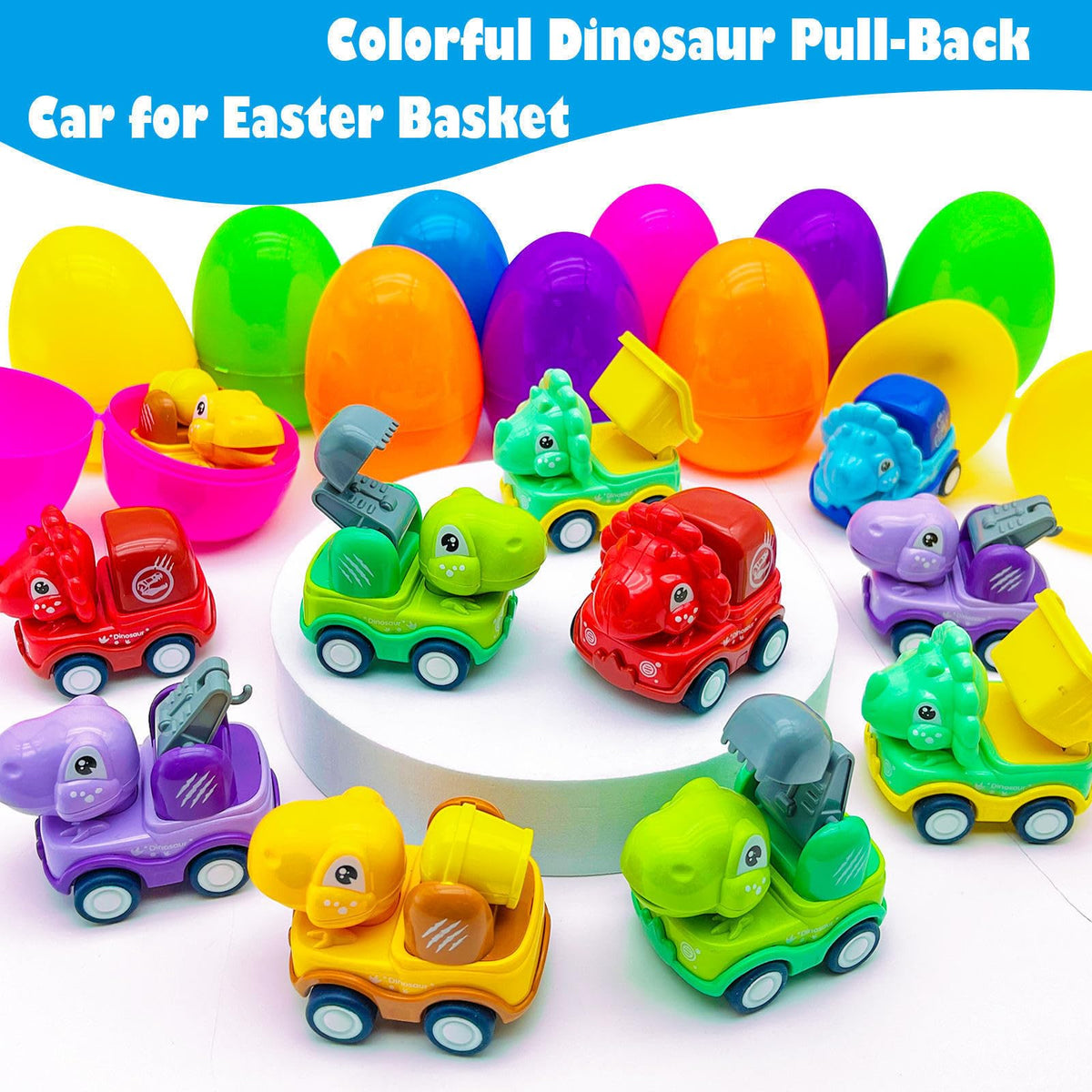 AMENON purple pull-back dinosaur car for quick racing fun.