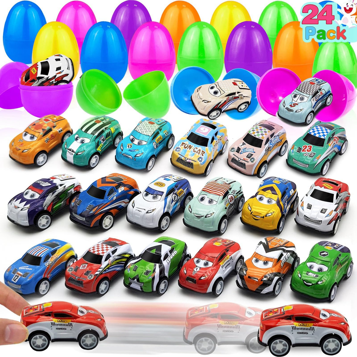 AMENON 24-pack Easter eggs with pull-back cars for kids' Easter fun