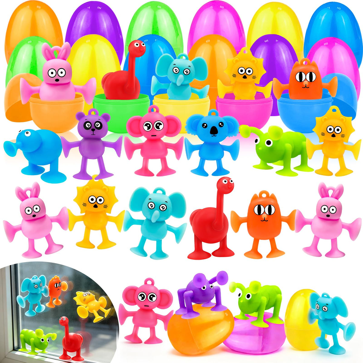 AMENON 24-pack Easter eggs with animal suction cups for interactive egg hunts.