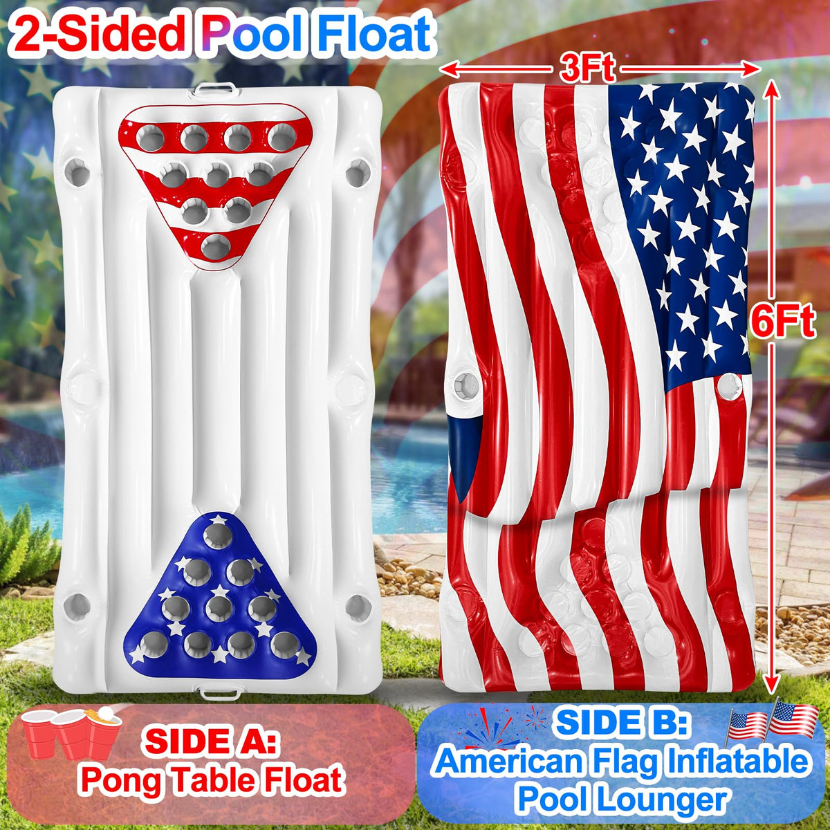 AMENON patriotic pool lounger with built-in pong for backyard gatherings