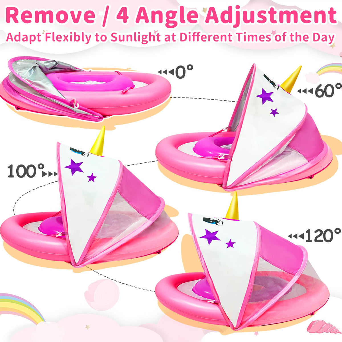 AMENON unicorn baby float canopy UPF50 provides shade during sunny sessions