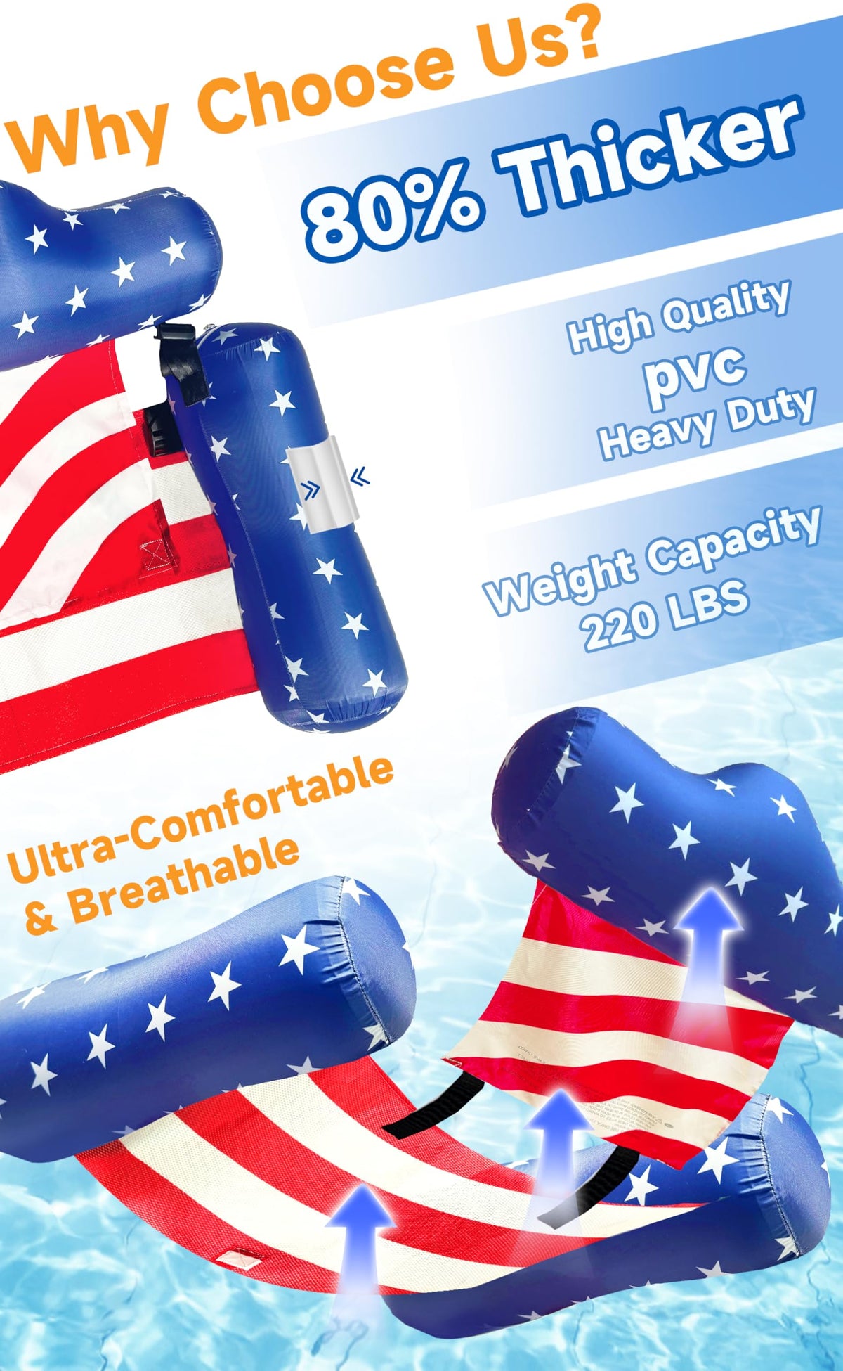 AMENON USA flag pool float chair materials built with premium PVC and Oxford cloth