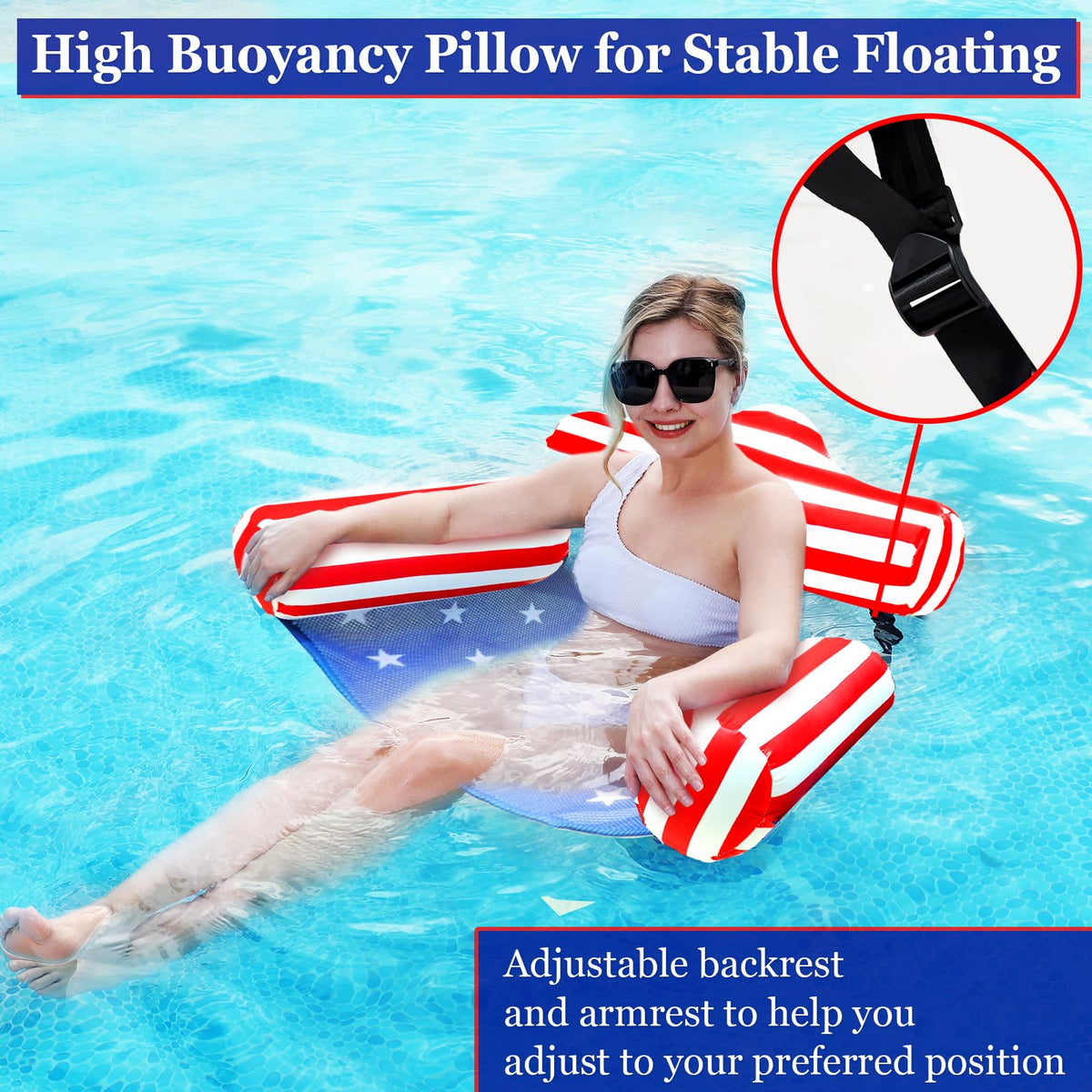 AMENON USA flag pool float chair side view highlighting comfort