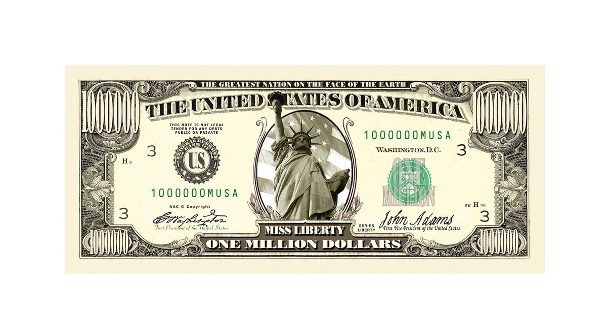 American Art Classics million-dollar bill Statue of Liberty back design for display.