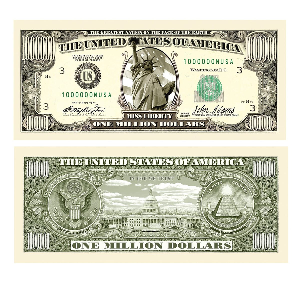 American Art Classics million-dollar bill Statue of Liberty front view for collectors.
