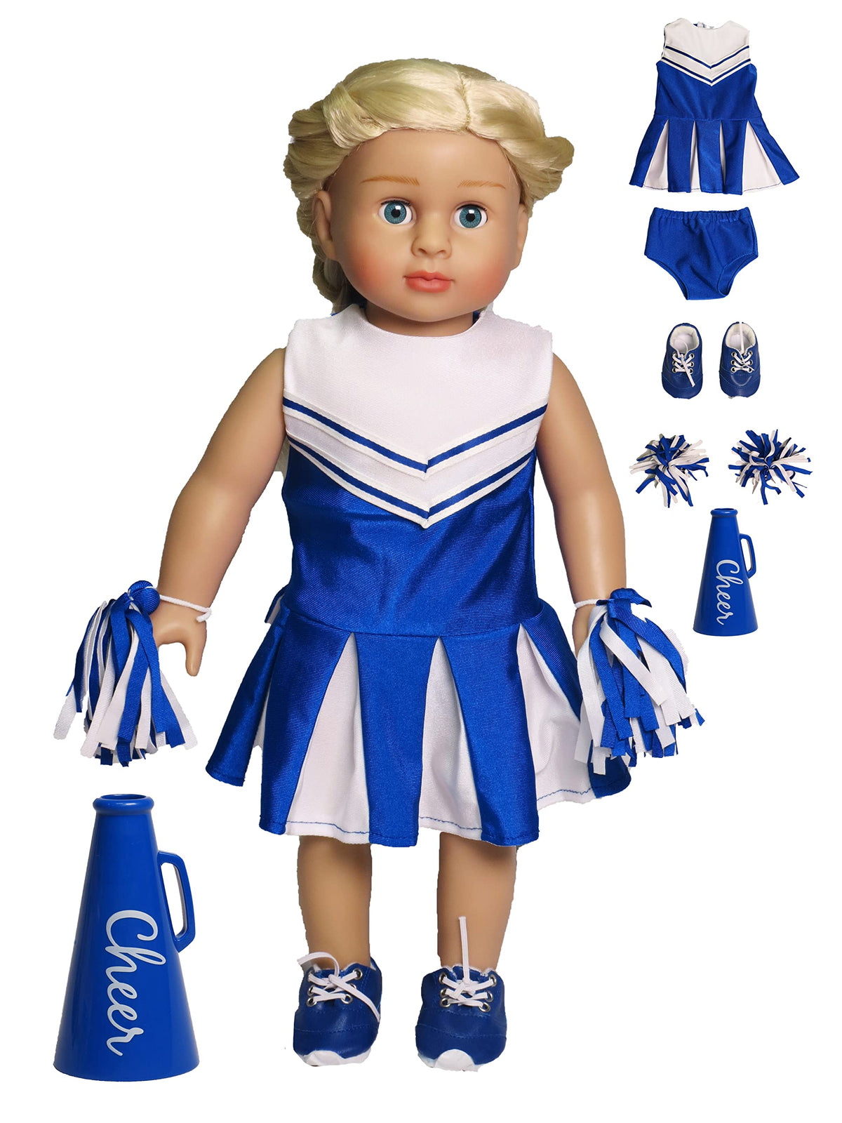 American Fashion World blue cheerleading outfit for 18-inch dolls, vibrant look for playtime.