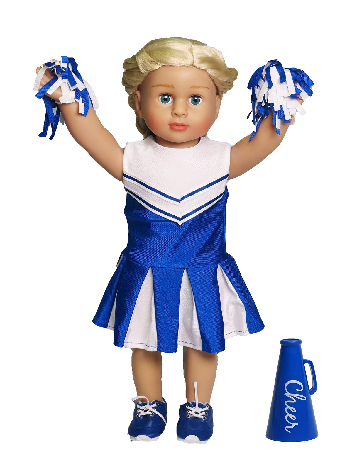 American Fashion World blue cheerleading outfit with accessories included for complete set.