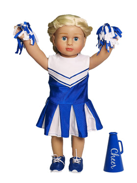 American Fashion World blue cheerleading outfit with accessories included for complete set.
