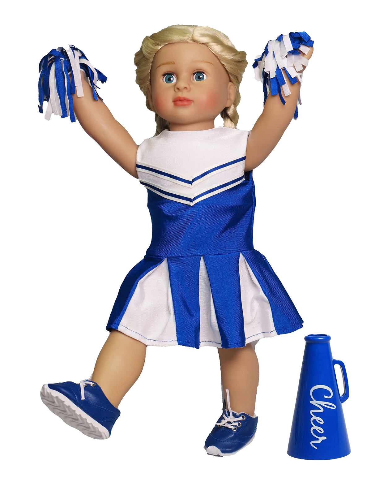 American Fashion World blue cheerleading outfit ready for doll display and play.