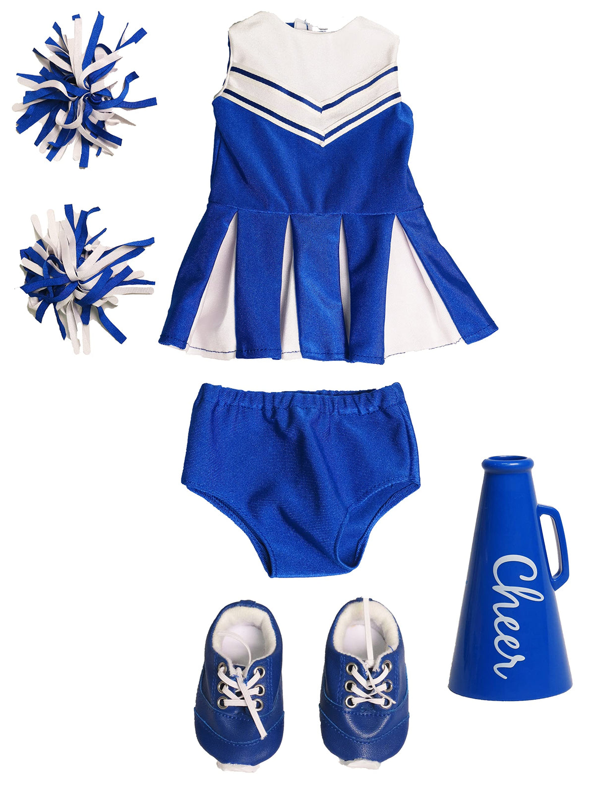 American Fashion World blue cheerleading outfit with velcro closures for easy dressing.
