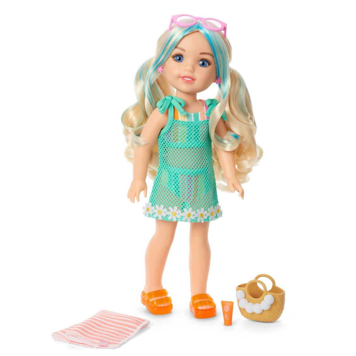 American Girl AG Sisters striped swim bottoms with turquoise waistband, comfortable beachwear for dolls