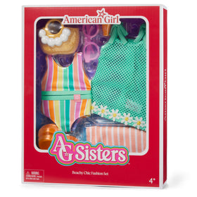 American Girl AG Sisters tote bag with pompom, sunglasses, and sunscreen prop for pretend beach days