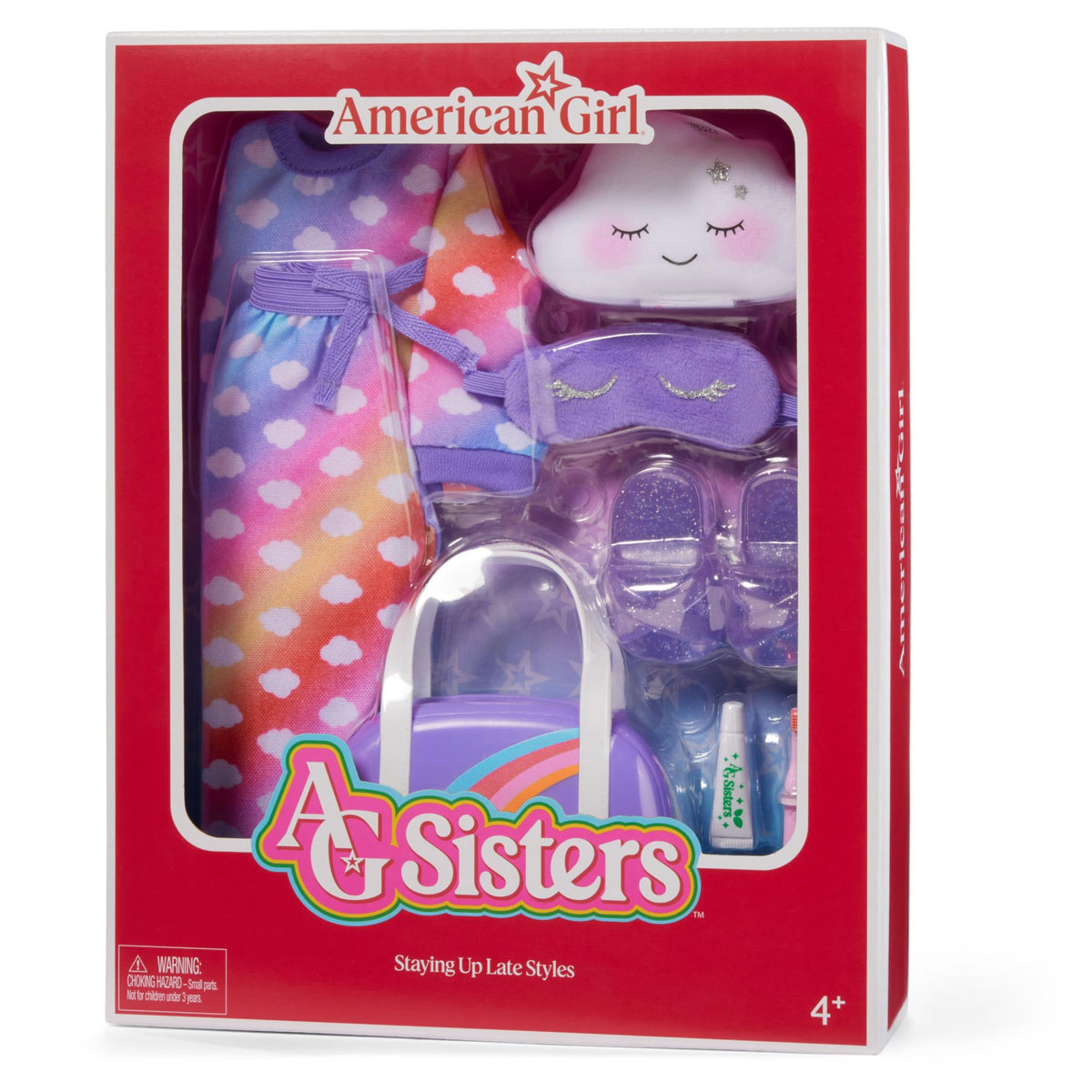 American Girl AG Sisters purple plush sleep mask with glittery lashes for late night pretend play.
