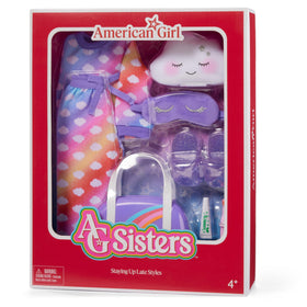 American Girl AG Sisters purple plush sleep mask with glittery lashes for late night pretend play.