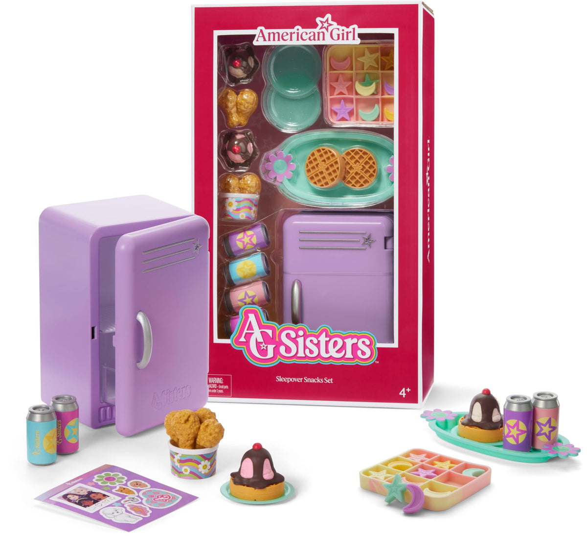 American Girl AG Sisters mini fridge with logo and decorative accents.