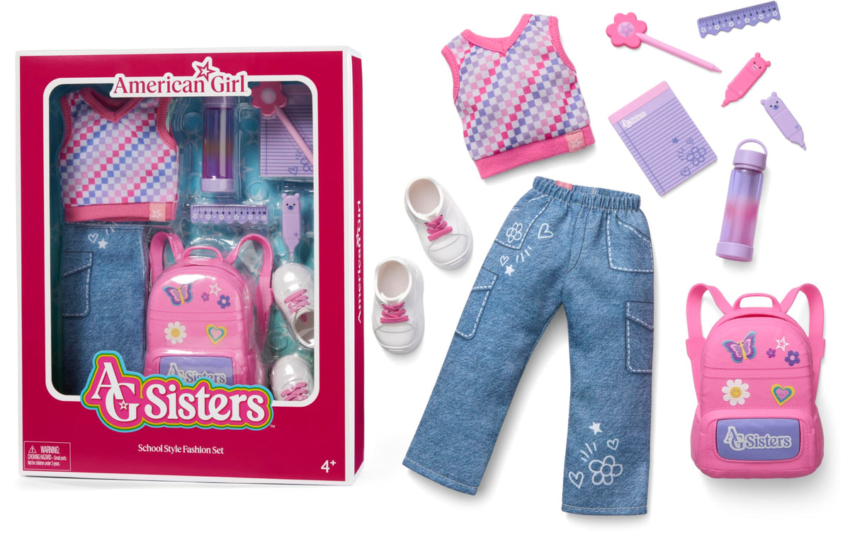 American Girl AG Sisters sweater vest with pink trim for classroom-ready outfits