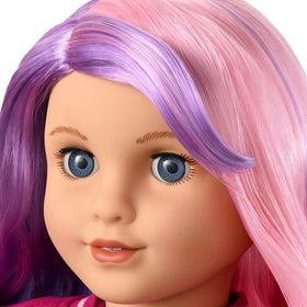 American Girl Truly Me 18-inch doll hair detail shows purple-pink waves for creative styling