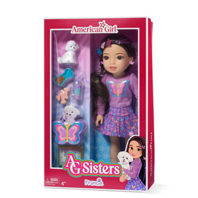 Francie doll with purple backpack featuring a multicolored butterfly for ready-to-go play.
