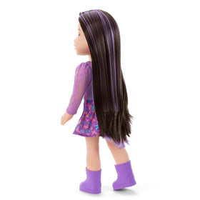 Francie doll wearing purple glitter-knit top with butterfly graphic and lace sleeves.