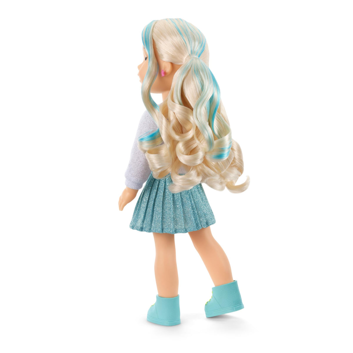 Jozette outfit with glitter-knit sweatshirt, blue skirt, and blue sneakers for stylish pretend play.