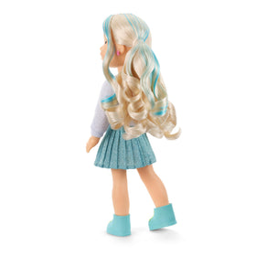 Jozette outfit with glitter-knit sweatshirt, blue skirt, and blue sneakers for stylish pretend play.