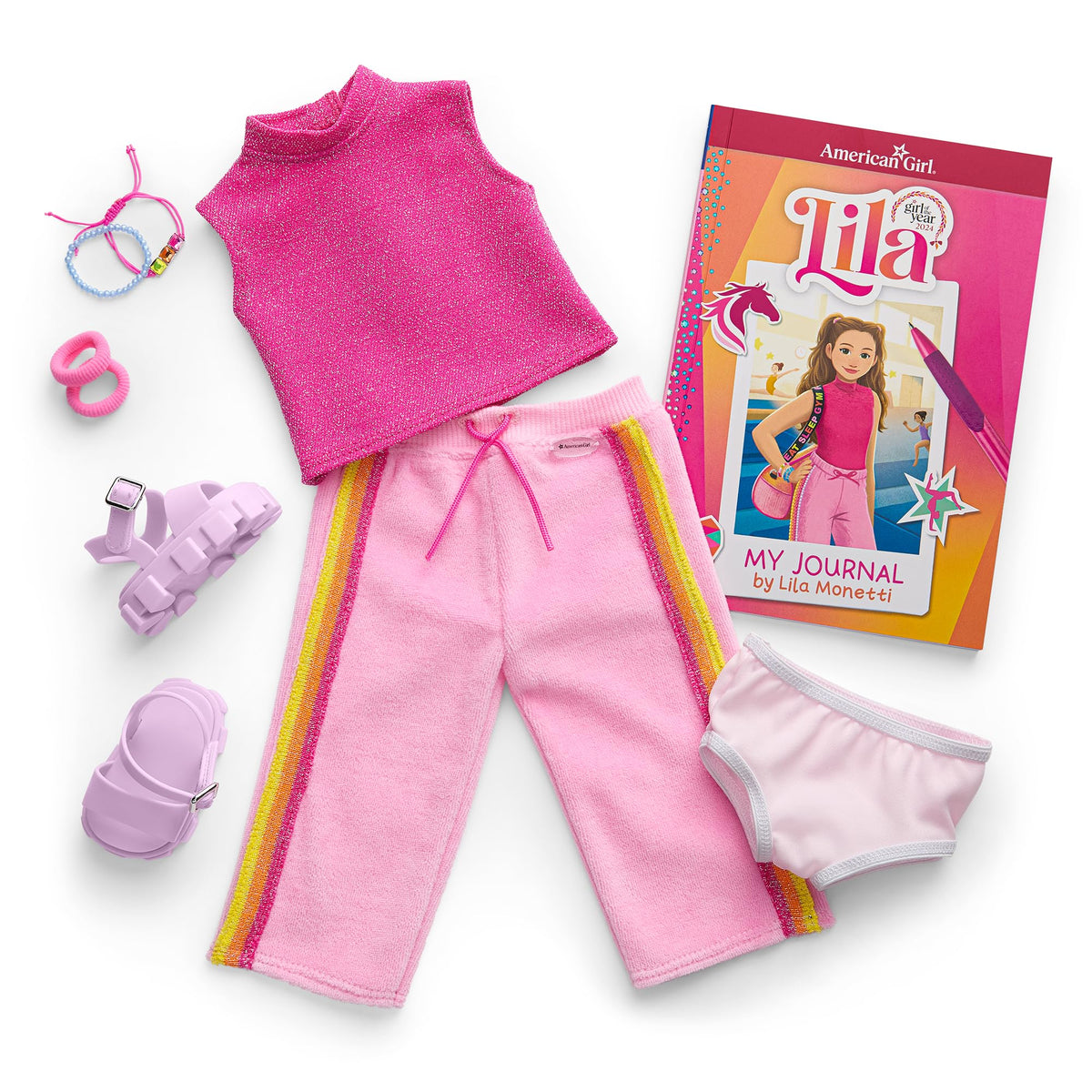 Lila's two-ponytail hairstyle makes her ready for action-packed pretend gymnastics.