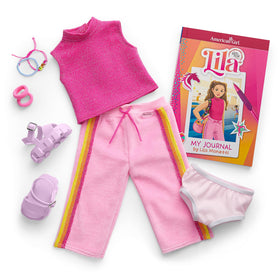 Lila's two-ponytail hairstyle makes her ready for action-packed pretend gymnastics.