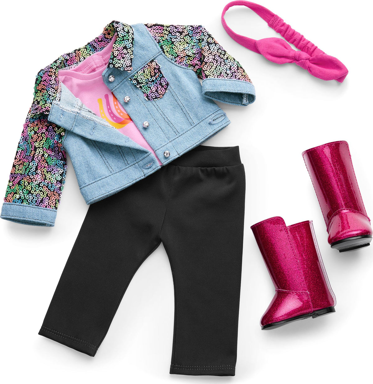 American Girl Lila outfit with denim jacket and sequined sleeves for camp play