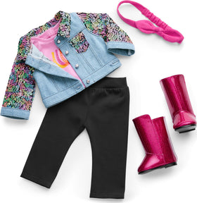 American Girl Lila outfit with denim jacket and sequined sleeves for camp play