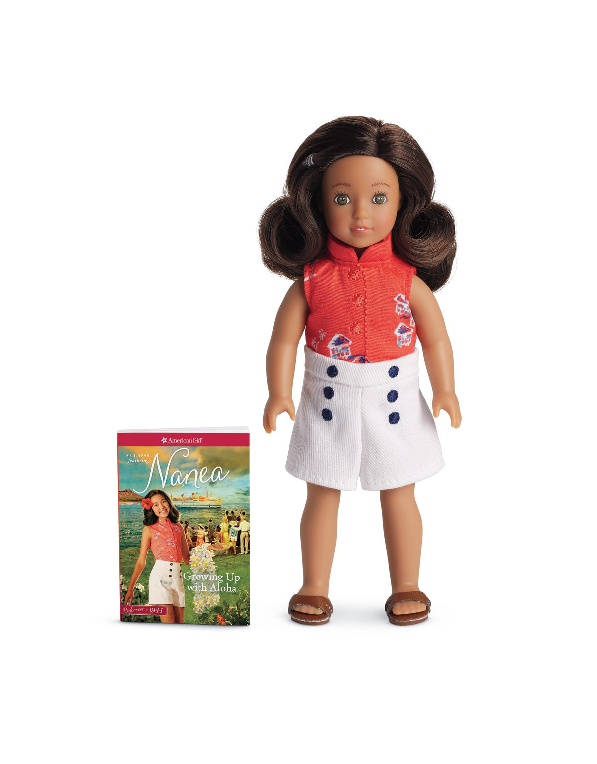 American Girl Nanea mini doll with posable vinyl limbs for imaginative play.