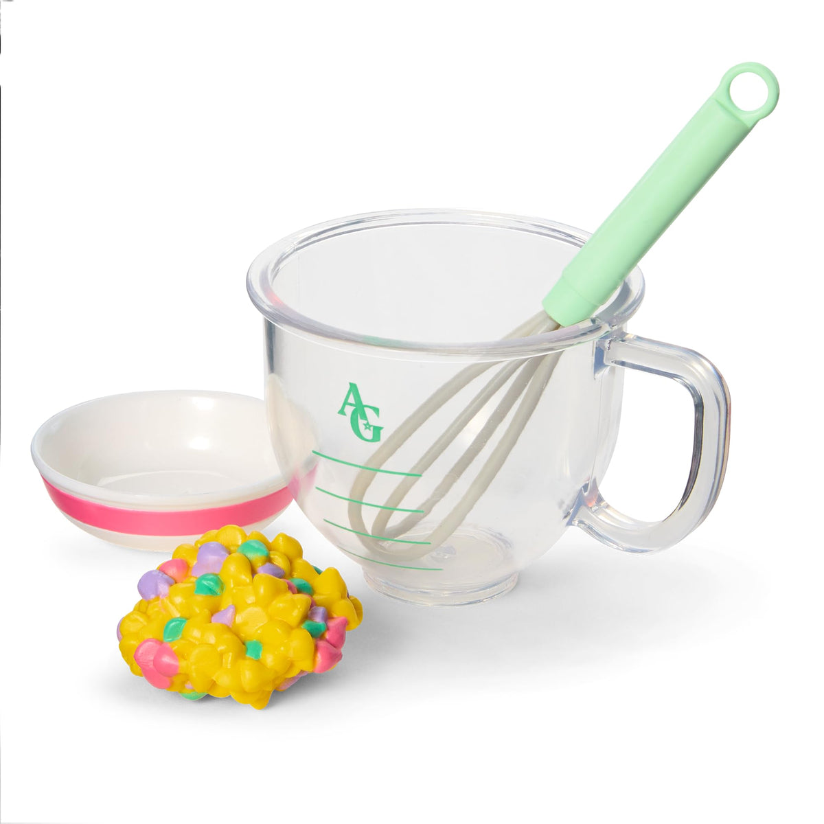 American Girl rainbow chips in pink bowl for decorating pretend pastries.