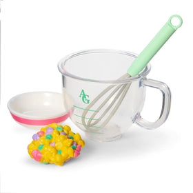 American Girl rainbow chips in pink bowl for decorating pretend pastries.