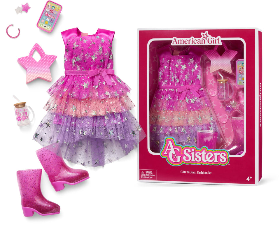 American Girl Sisters Glitz & Glam dress offers vibrant, party-ready style for 14.5-inch dolls.