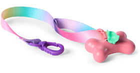 Leash clips to Crescent's collar for easy pretend walks.