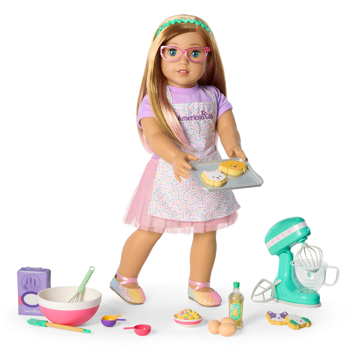 American Girl Summer McKinny apron with rainbow pattern for realistic play.