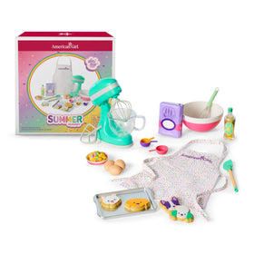 American Girl Summer McKinny baking mixer with attachments spins for pretend baking.