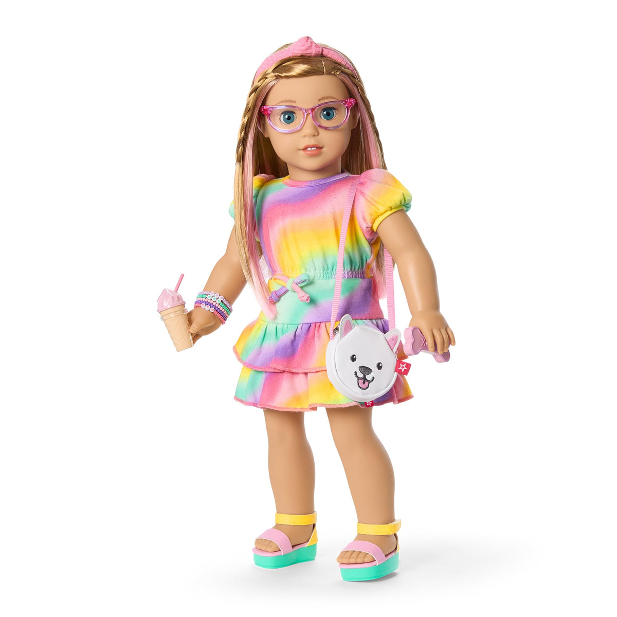 American Girl Summer McKinny doll purse showcases a cute dog-face design for stylish adventures.