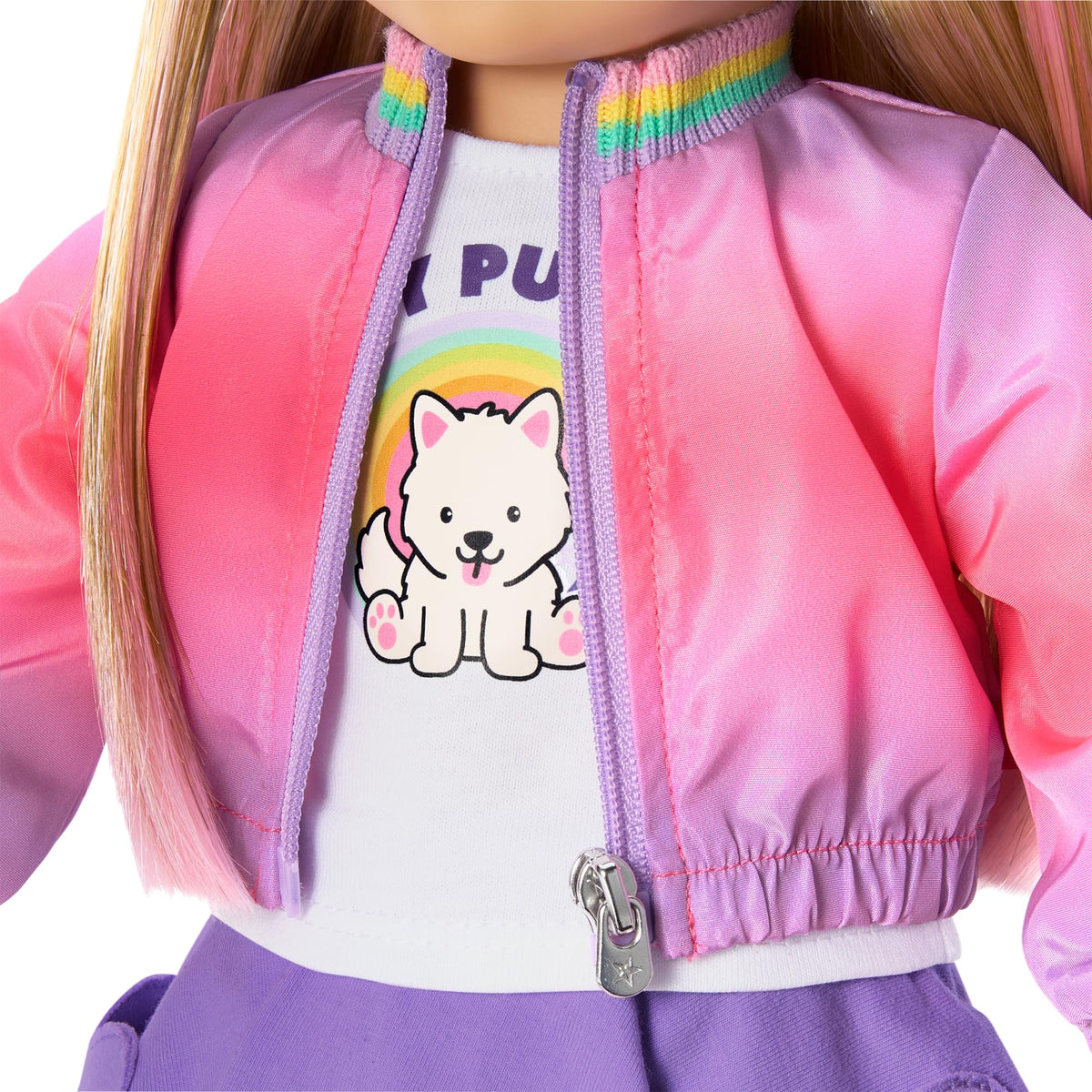 American Girl Waggy Pup Tails lavender skort with heart pockets for small-item storage.