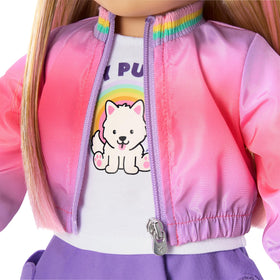 American Girl Waggy Pup Tails lavender skort with heart pockets for small-item storage.