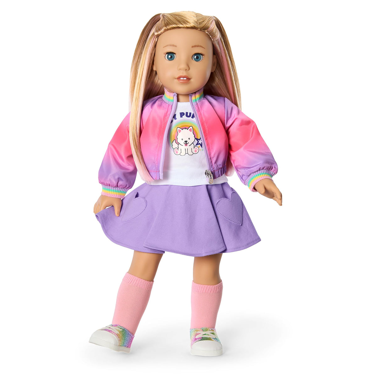 American Girl Waggy Pup Tails ombre jacket in bright colors for outdoor adventures.